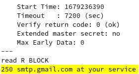 Figure 7.35 – The Gmail SMTP server is ready for communication