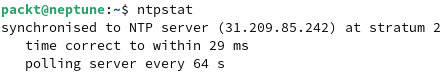 Figure 7.36 – Querying the NTP synchronization status with ntpstat