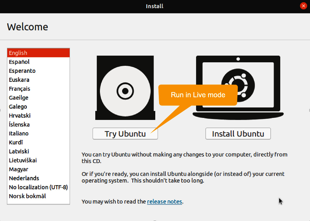 Figure 1.3 – Choosing live mode for Ubuntu Desktop