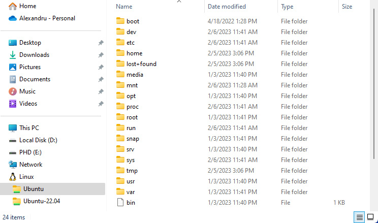 Figure 1.11 – The Ubuntu filesystem in the File Explorer in Windows 11