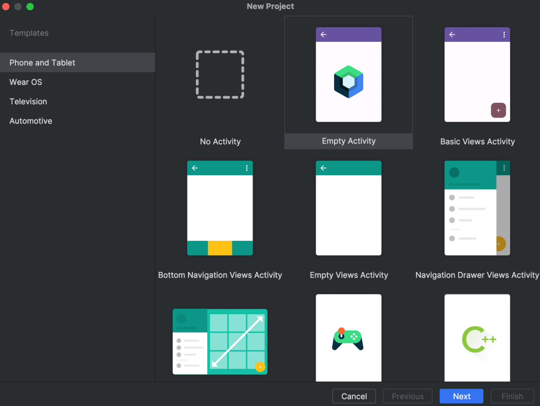 Figure 1.1: Android Studio new project template selection with the Empty Activity option selected