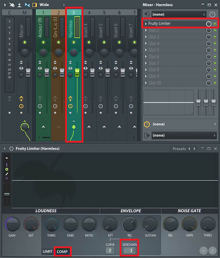 Figure 6.10 – Fruity Limiter now accepts kick as a sidechain source
