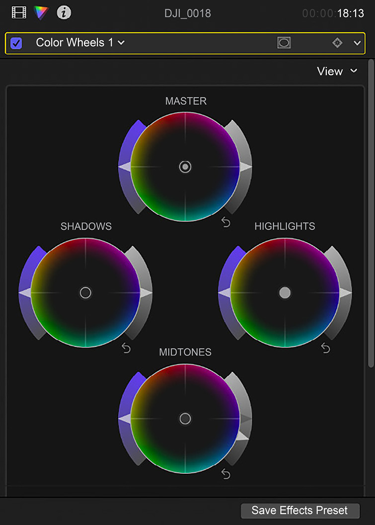 Figure 1.5: The Inspector has many faces; these are the Color Wheels in the Color tab