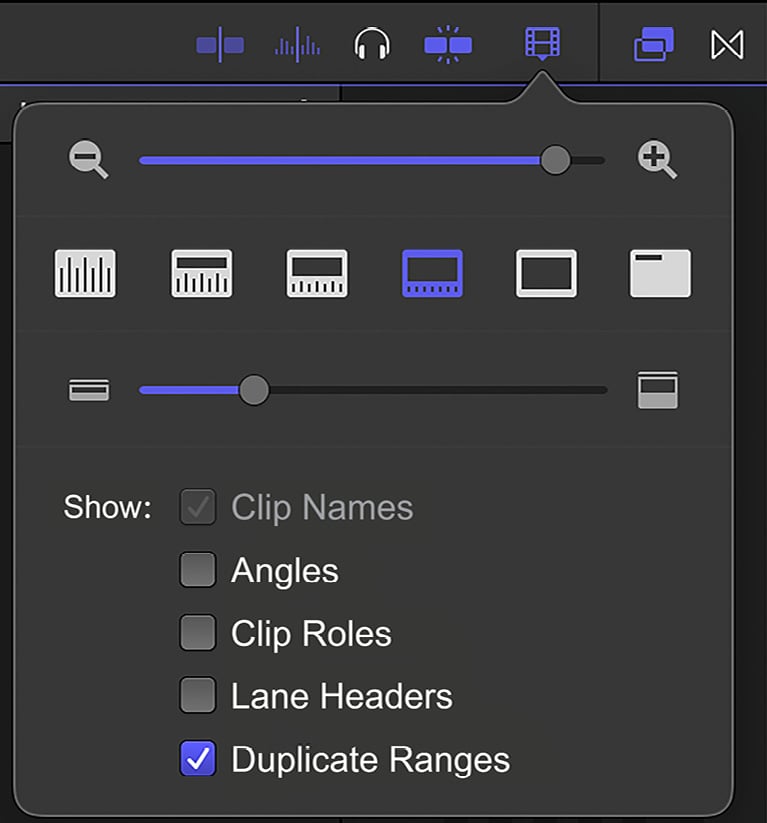 Figure 1.9: This popup lets you control the appearance of clips on your timeline — use ⌘minus and ⌘plus for zoom, and ⇧⌘minus and ⇧⌘plus for clip height