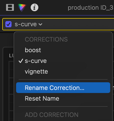 Figure 11.92: Use this menu to rename a color correction within the Color Inspector