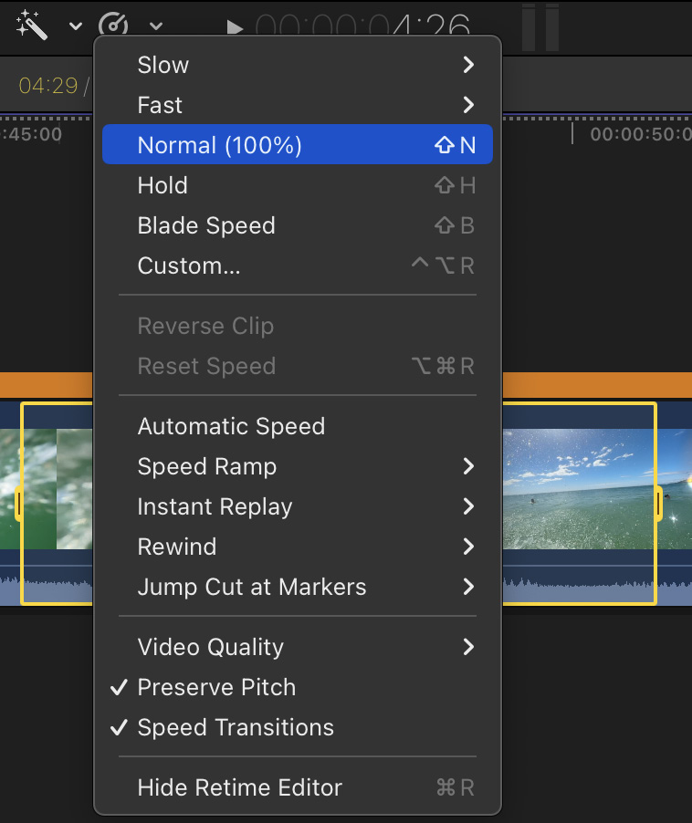 Figure 13.38: With a region in this 10% speed clip selected, I can return that section to 100%