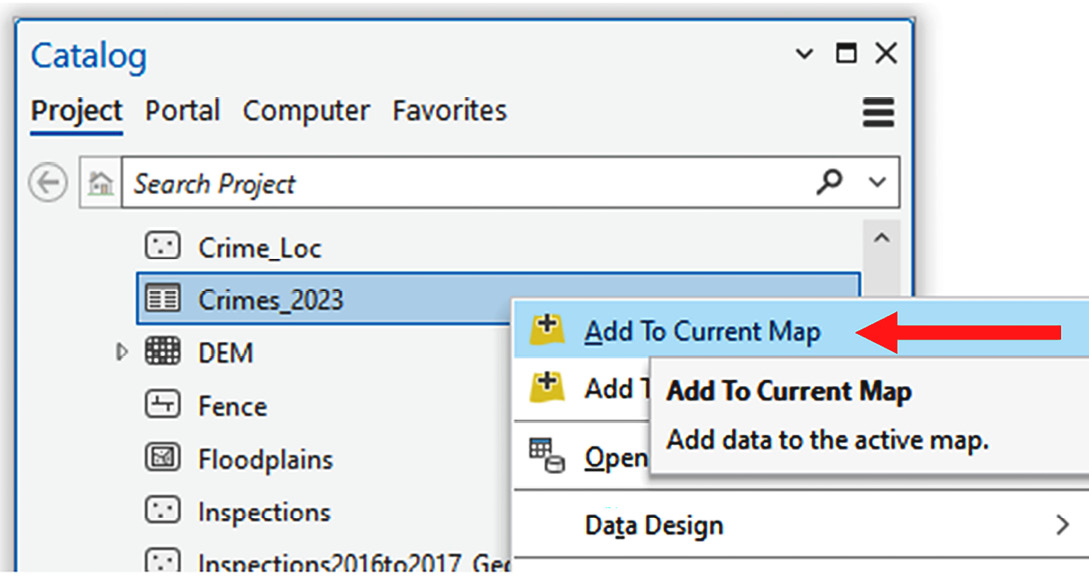 Figure 2.18 ﻿– Adding a table to a map from the Catalog pane