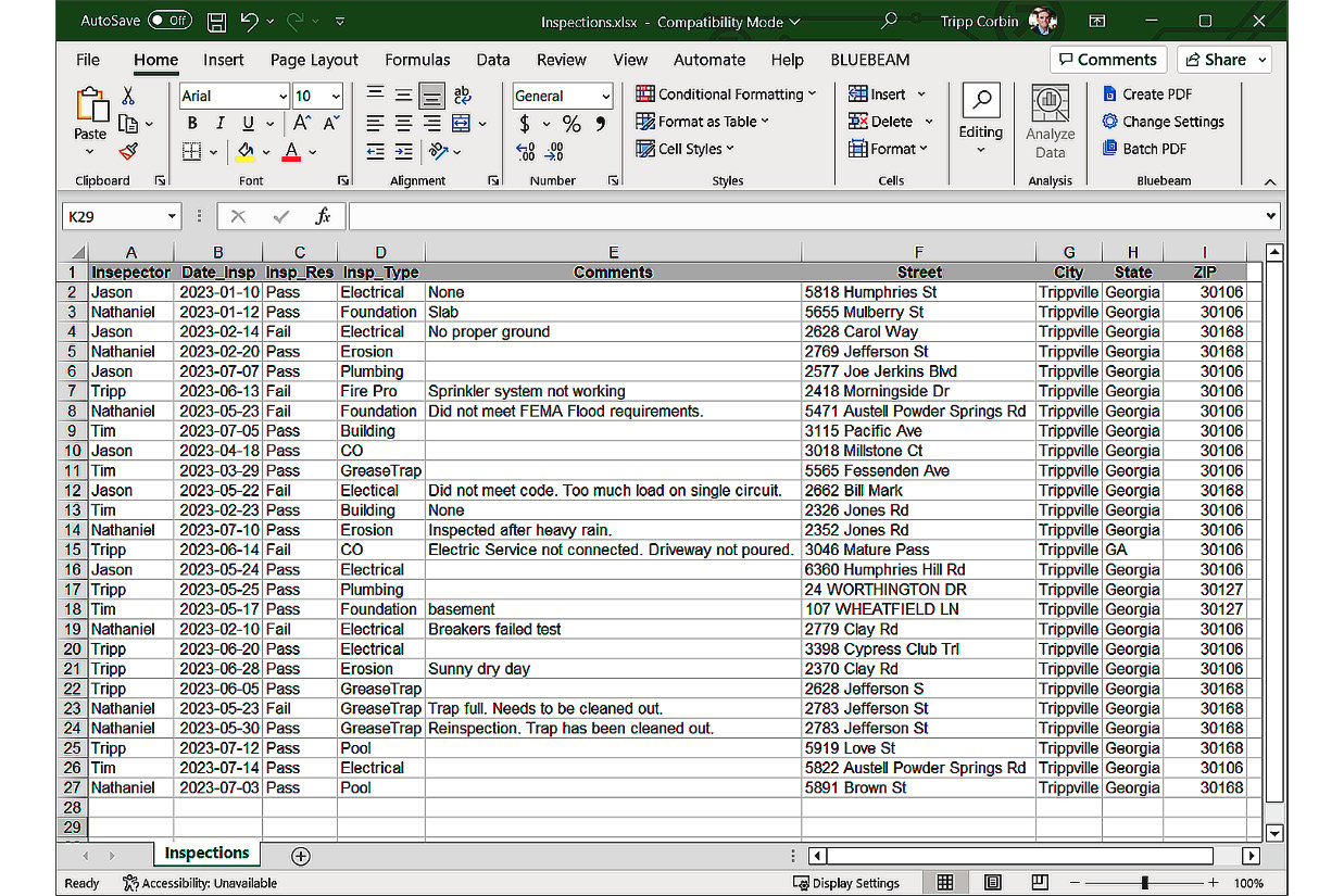 Figure 2.21 – The Inspections spreadsheet open in Microsoft Excel