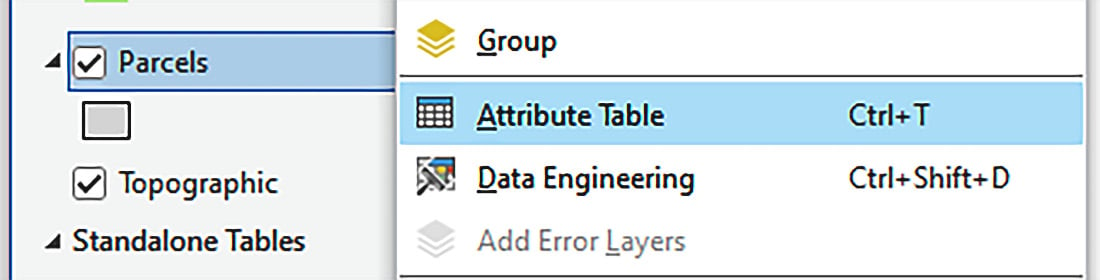 Figure 2.23 – Opening the Parcels layer attribute table