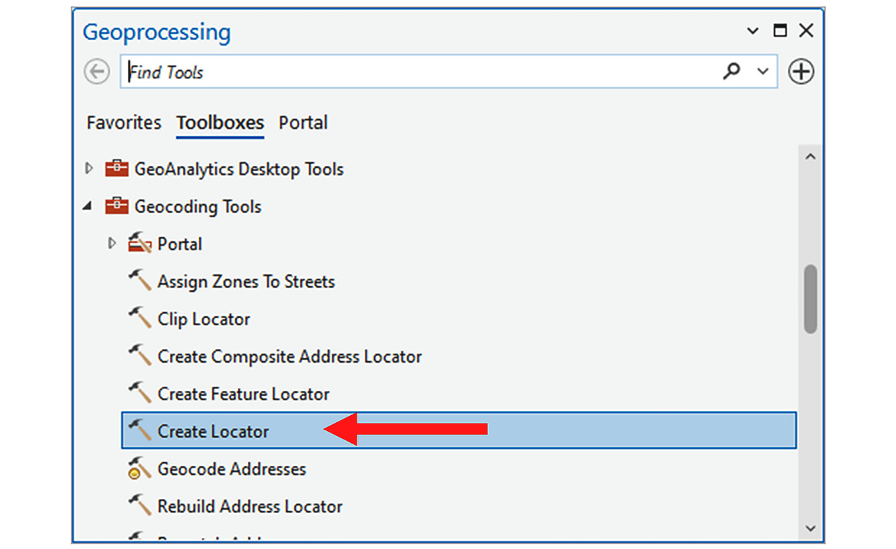 Figure 2.24 – Accessing the Create Locator tool in the Geoprocessing pane