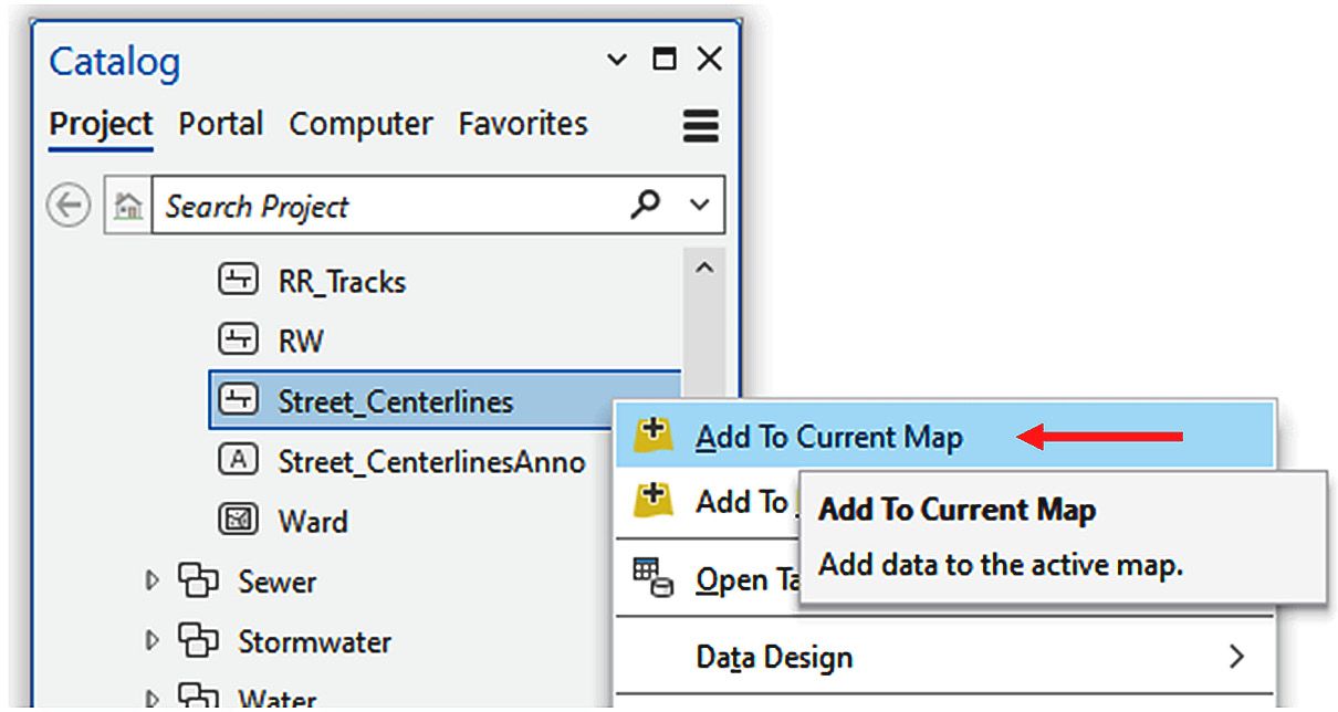 Figure 2.4 – Adding a feature class to a map from the Catalog pane