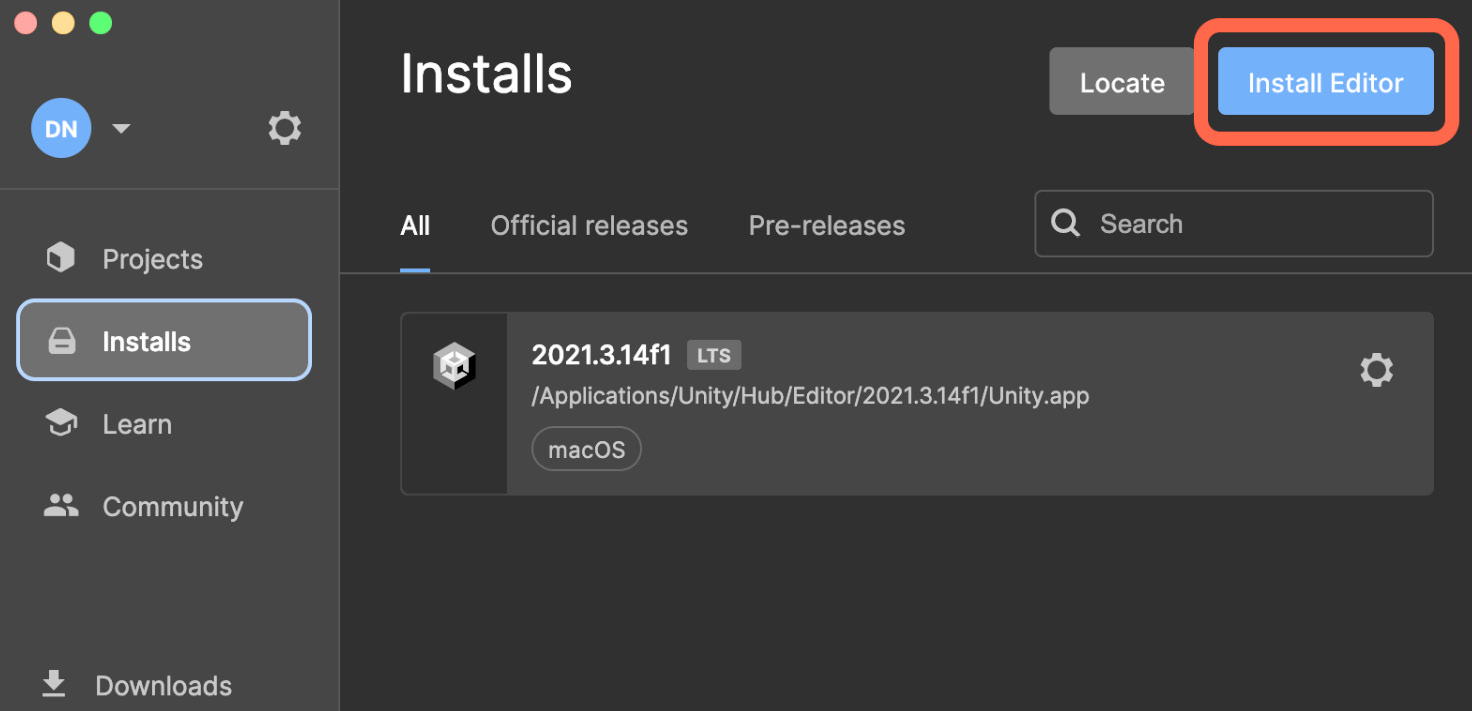 Figure 1.2 – The Install Editor button in Unity Hub