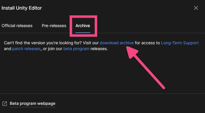 Figure 1.3 – Archive tab in Unity Hub