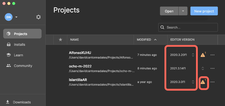 Figure 1.5 – Managing multiple projects with different versions of Unity