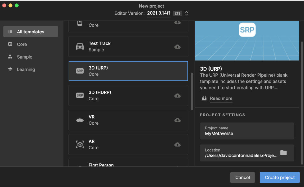 Figure 1.8 – Setting up the name and location of the new project