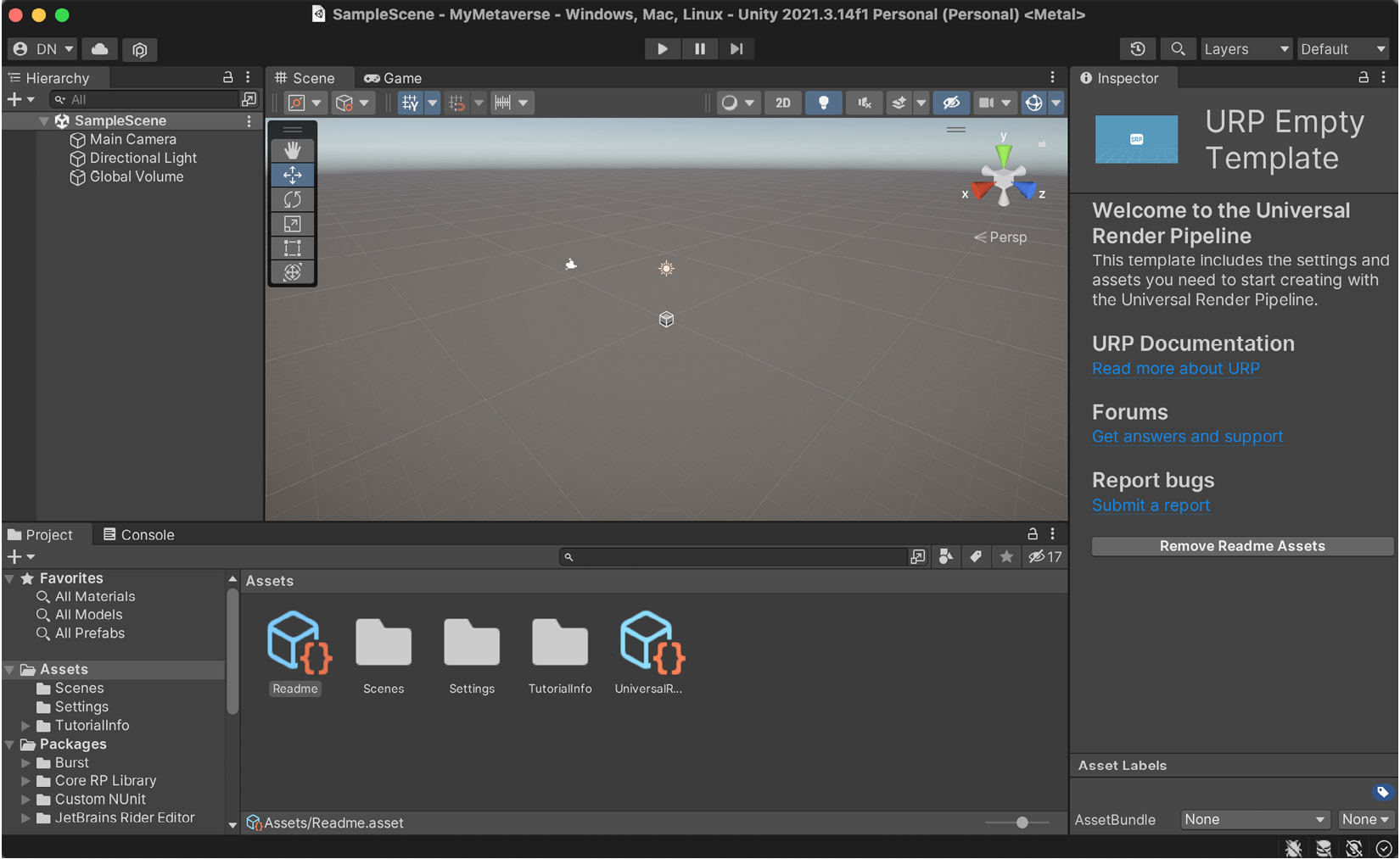 Figure 1.9 – The appearance of the Unity editor after creating a new project