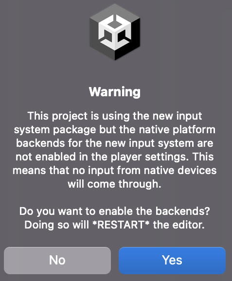 Figure 1.24 – Unity notice about applying changes to the project