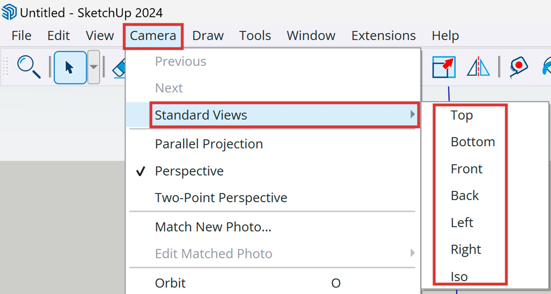 Figure 1.2: Standard Views flyout under Camera menu