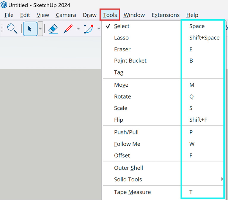 Figure 1.11: Shortcut letters to the right of a tool’s name