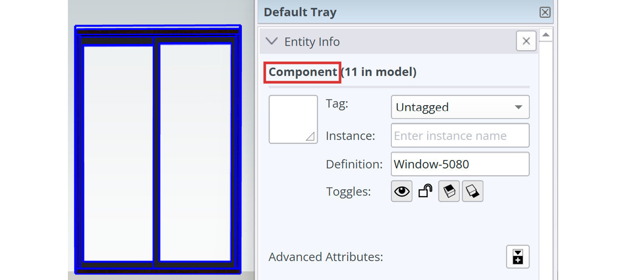 Figure 1.24: A selected component and its properties shown in the Entity Info toolbar