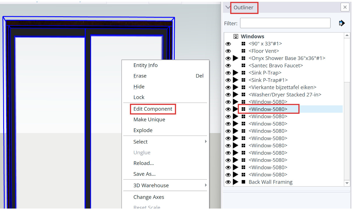 Figure 1.25: Edit component option when right-clicking on a component (left) and component shown in Outliner (right)