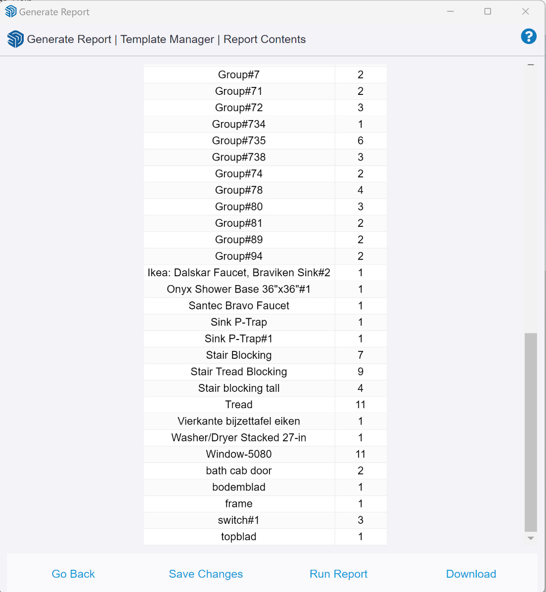 Figure 1.29: Report tallying all groups and components in the model