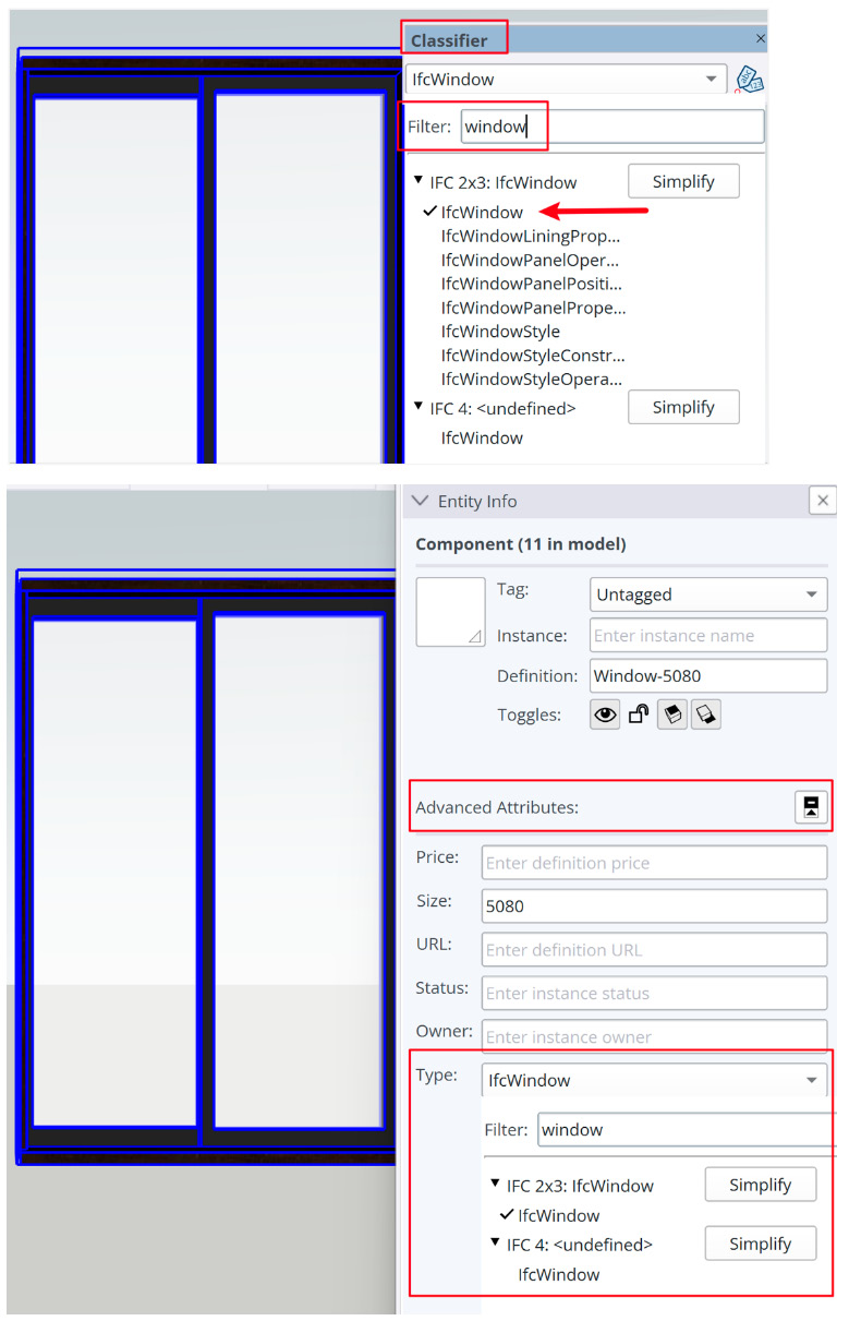 Figure 1.34: Classifier toolbar (top) and Entity Info- Advanced Attributes (bottom)