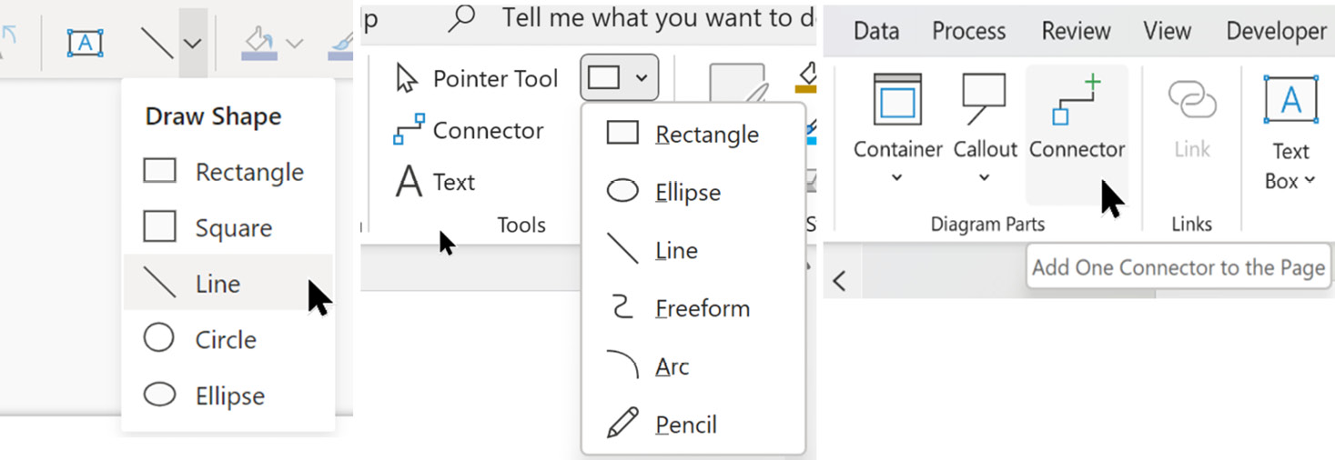 Figure 3.9 – The Visio web Draw Shape menu and the Visio desktop Tools and Diagram Parts groups