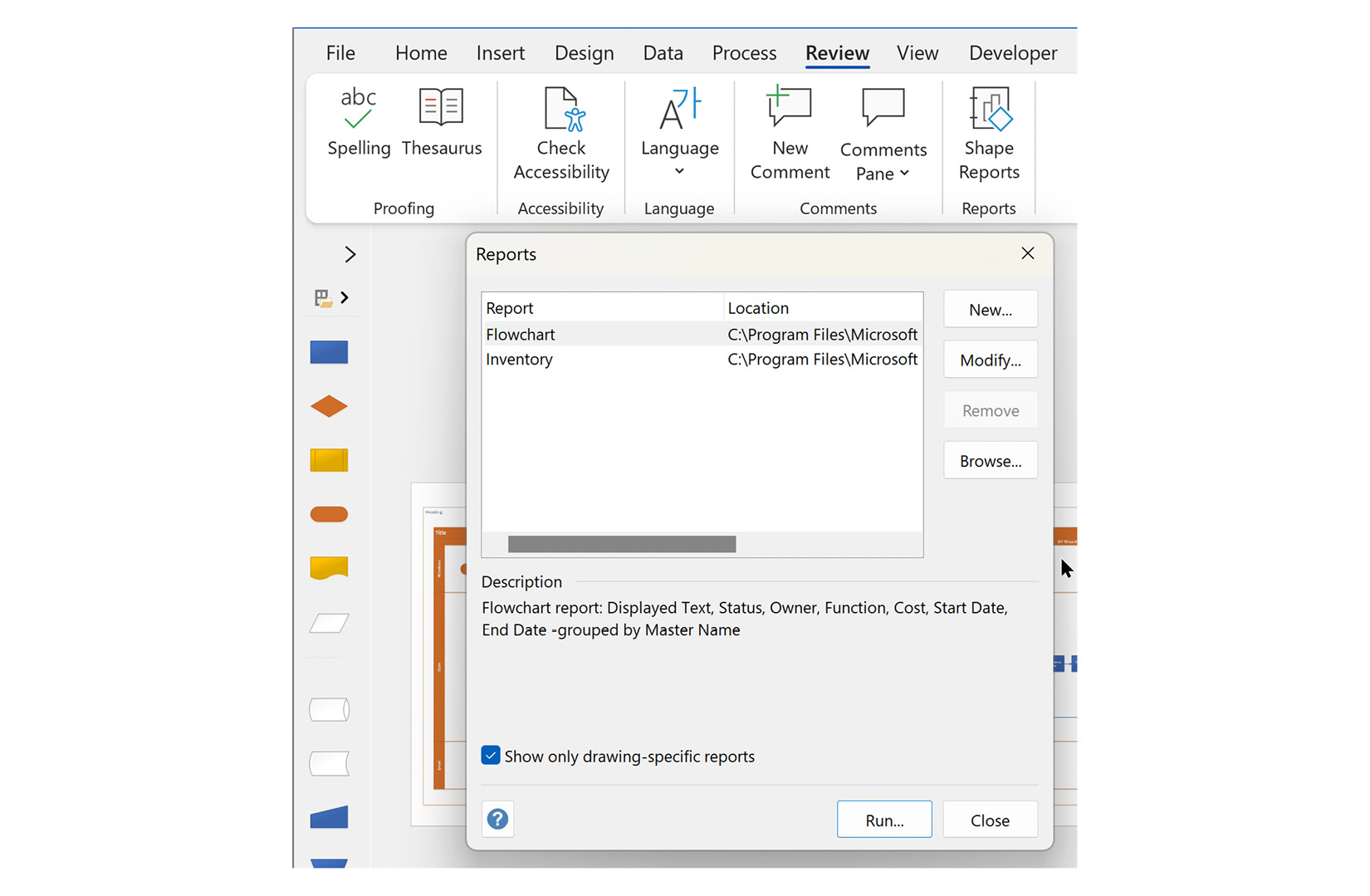 Figure 9.10﻿ - The Review | Shape Reports dialog