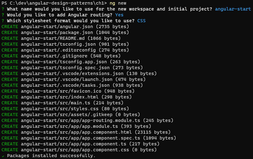 Figure 1.5 – Prompt of files generated by angular-cli