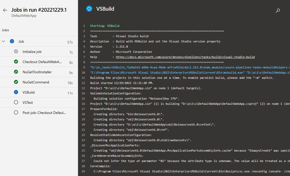 Figure 2.7 – The build progress of DefaultWebApp