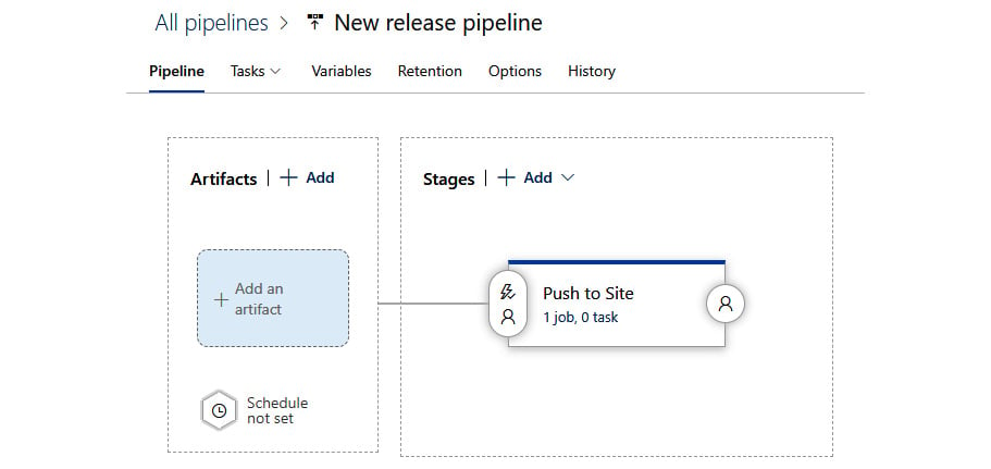 Figure 2.9 – The Push ﻿to Site stage is defined, but there’s no artifact