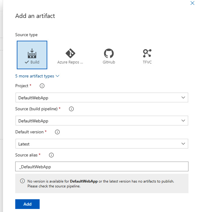 Figure 2.10 – Adding the DefaultWebApp artifact to our release pipeline