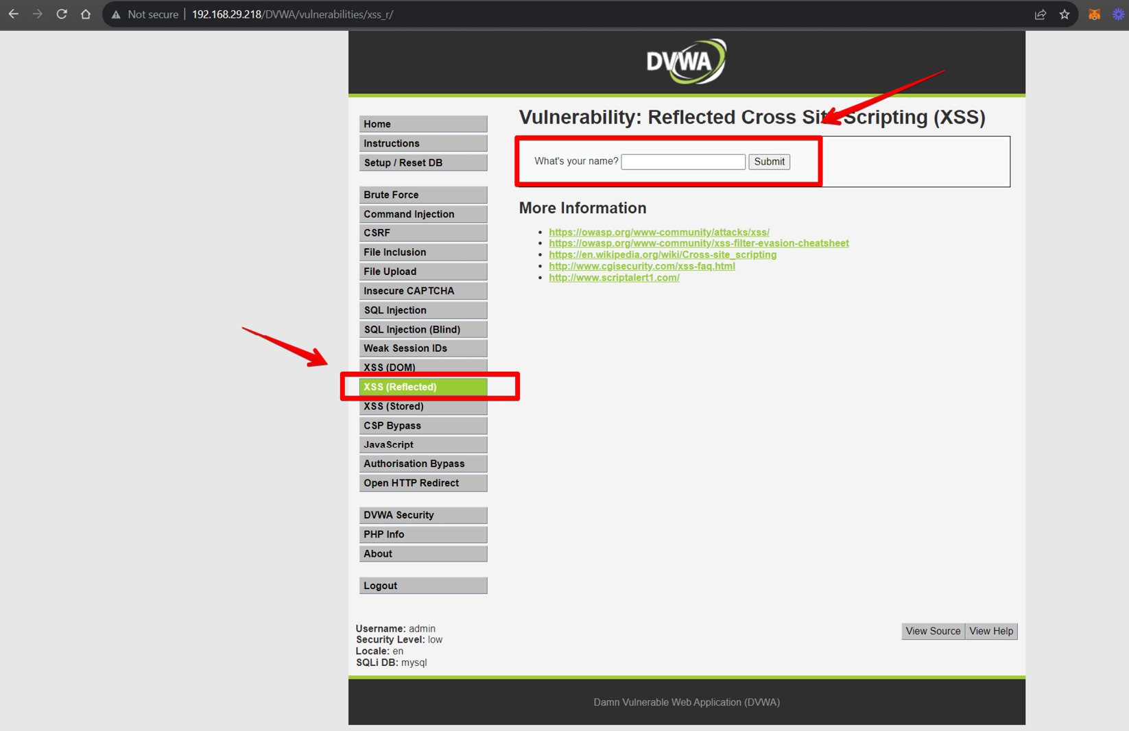 Figure 1.25 – Initiating a reflected XSS attack on DVWA