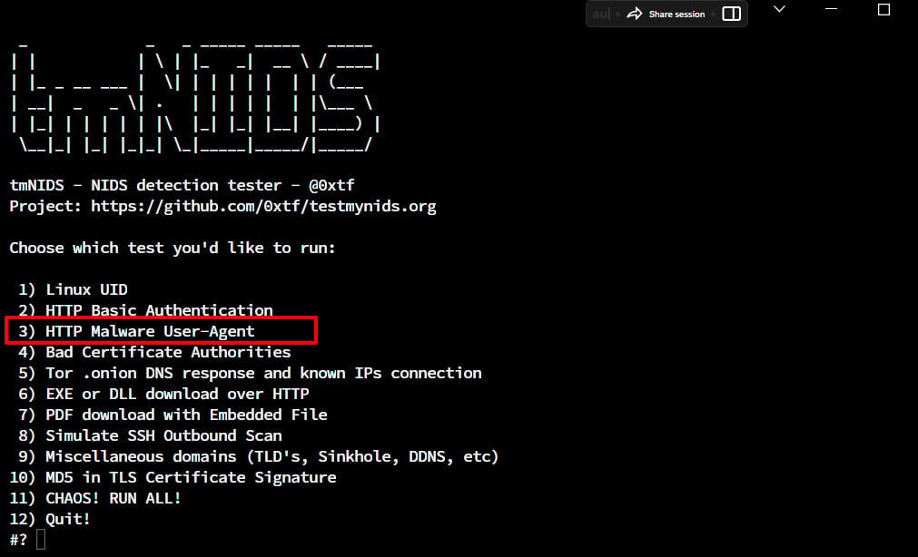 Figure 1.30 – Choosing option 3 from the tmNIDS detection tester