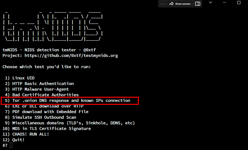 Figure 1.32 – Choosing option 5 from the tmNIDS detection tester