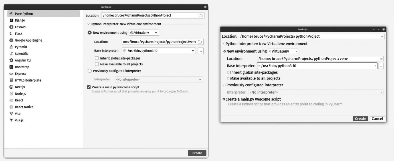 Figure 3.4: A side-by-side comparison of the New Project window for the Professional edition (left) and the Community edition (right)