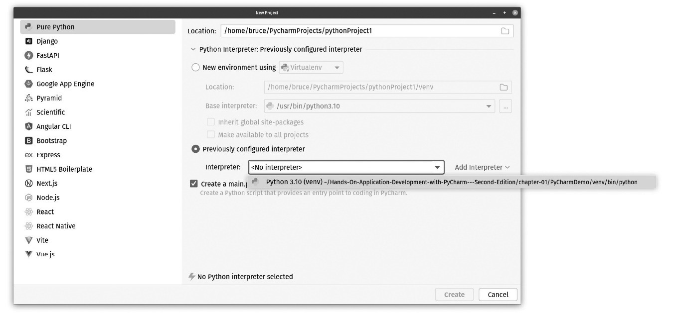 Figure 3.6: You can point your project to an existing virtual environment by changing the setting for the project