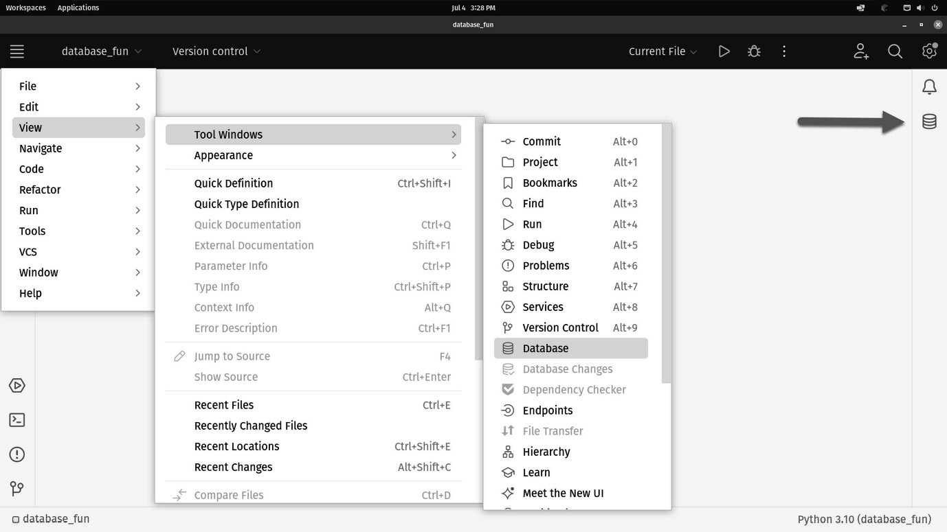 Figure 11.4: Two options for opening database tools – one from the menu, and the second by clicking the database tools icon