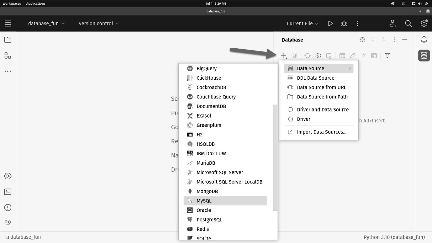 Figure 11.5: Supported data sources in PyCharm