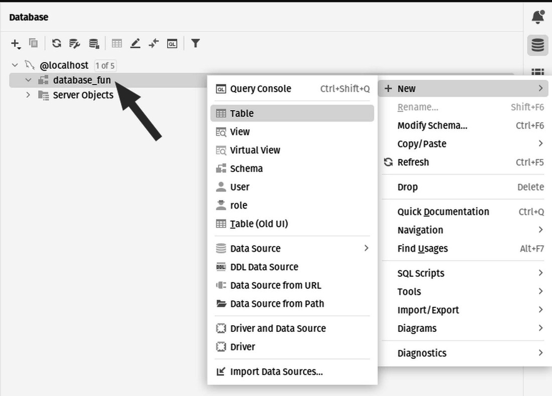 Figure 11.19: Right-click on the schema indicated by the arrow, then click New | Table