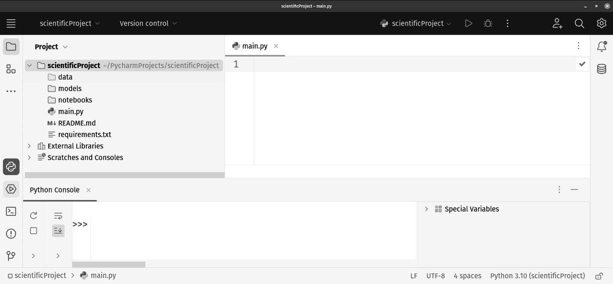 Figure 12.2: Behold! We have created a science project in PyCharm!