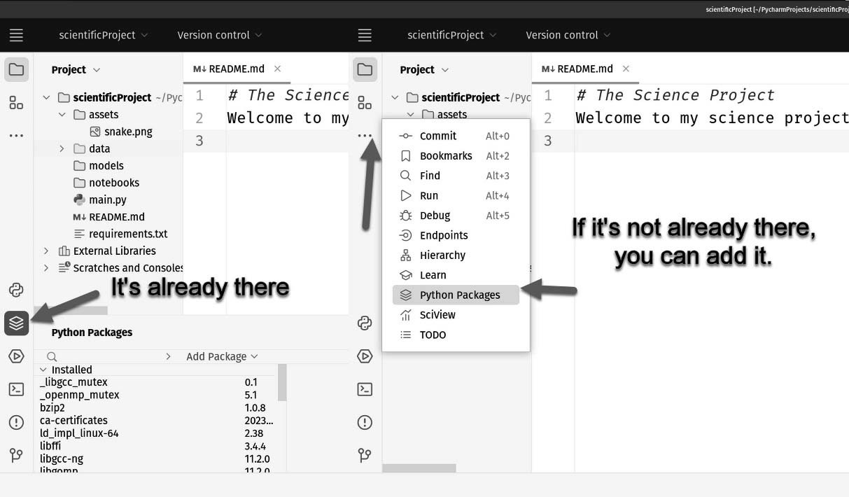 Figure 12.15: Use the Python Packages panel to manage Python packages. If it isn’t on the right-hand toolbar, you can add it