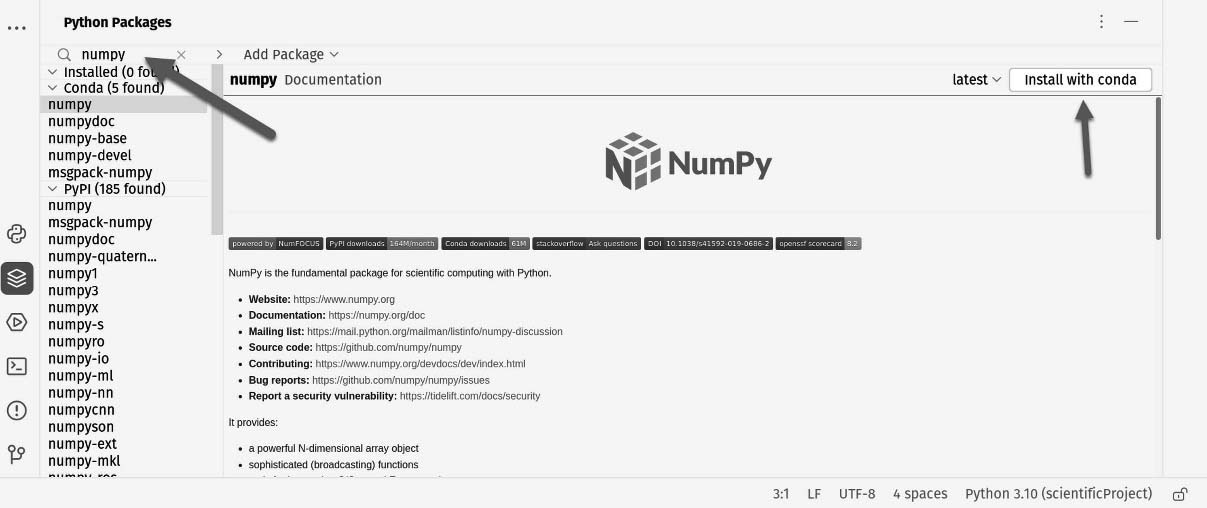 Figure 12.16: You can search packages from PyPI easily from this panel and add them using conda