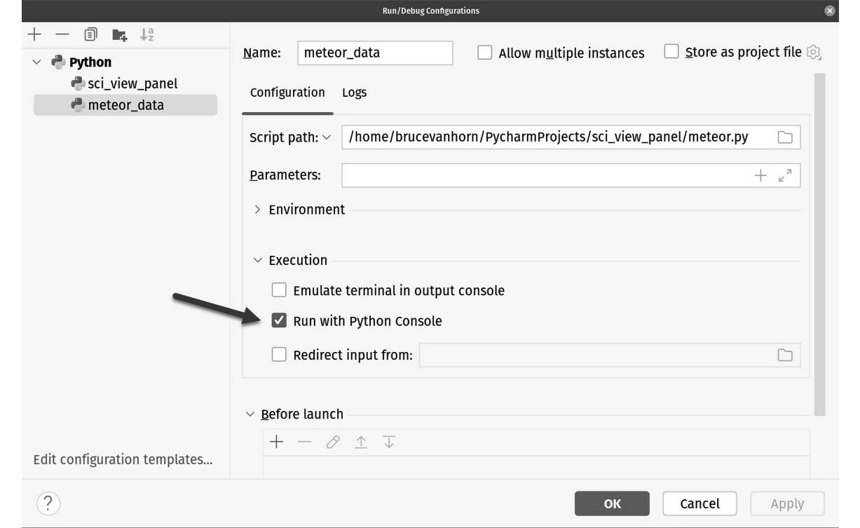 Figure 13.1: The pointed-to setting indicates this code will run in the console window, which is frequently used in scientific projects