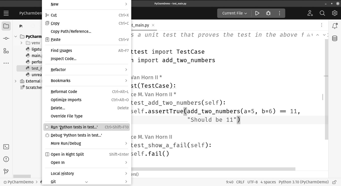 Figure 1.6: Right-click the test_main.py file and click Run ‘Python tests in test…’ to run the unit tests contained within the file