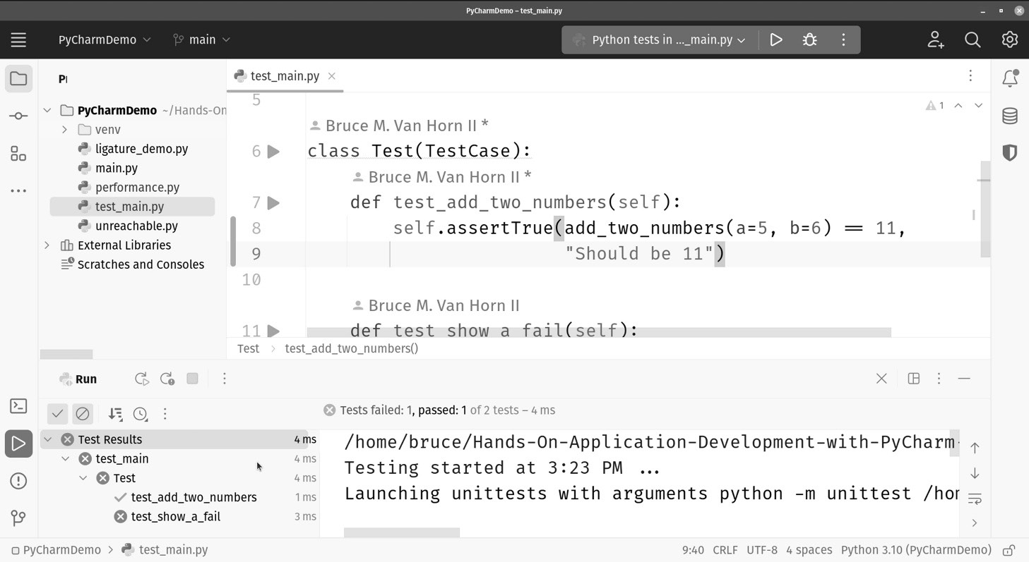 Figure 1.7: PyCharm’s built-in test runner shows a traditional pass/fail list (lowe﻿r-left pane) to indicate passing and failing tests