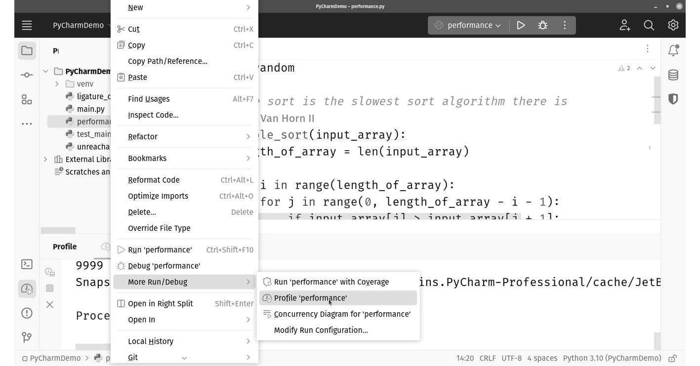 Figure 1.8: Right-click the file you’d like to profile and click More Run/Debug | Profile ‘performance’ to see a performance profile