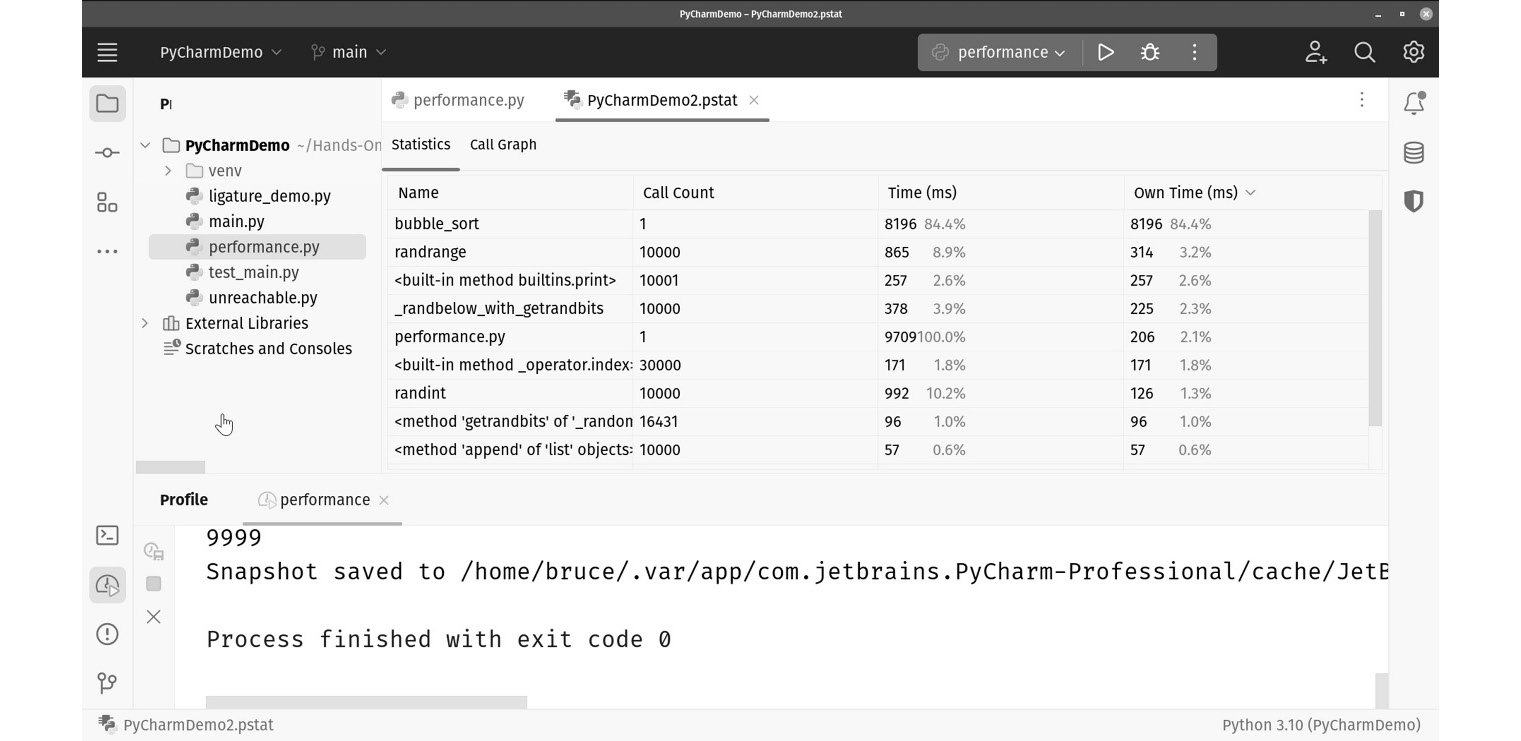 Figure 1.9: PyCharm’s resource profiler shows the performance bottlenecks in a running program