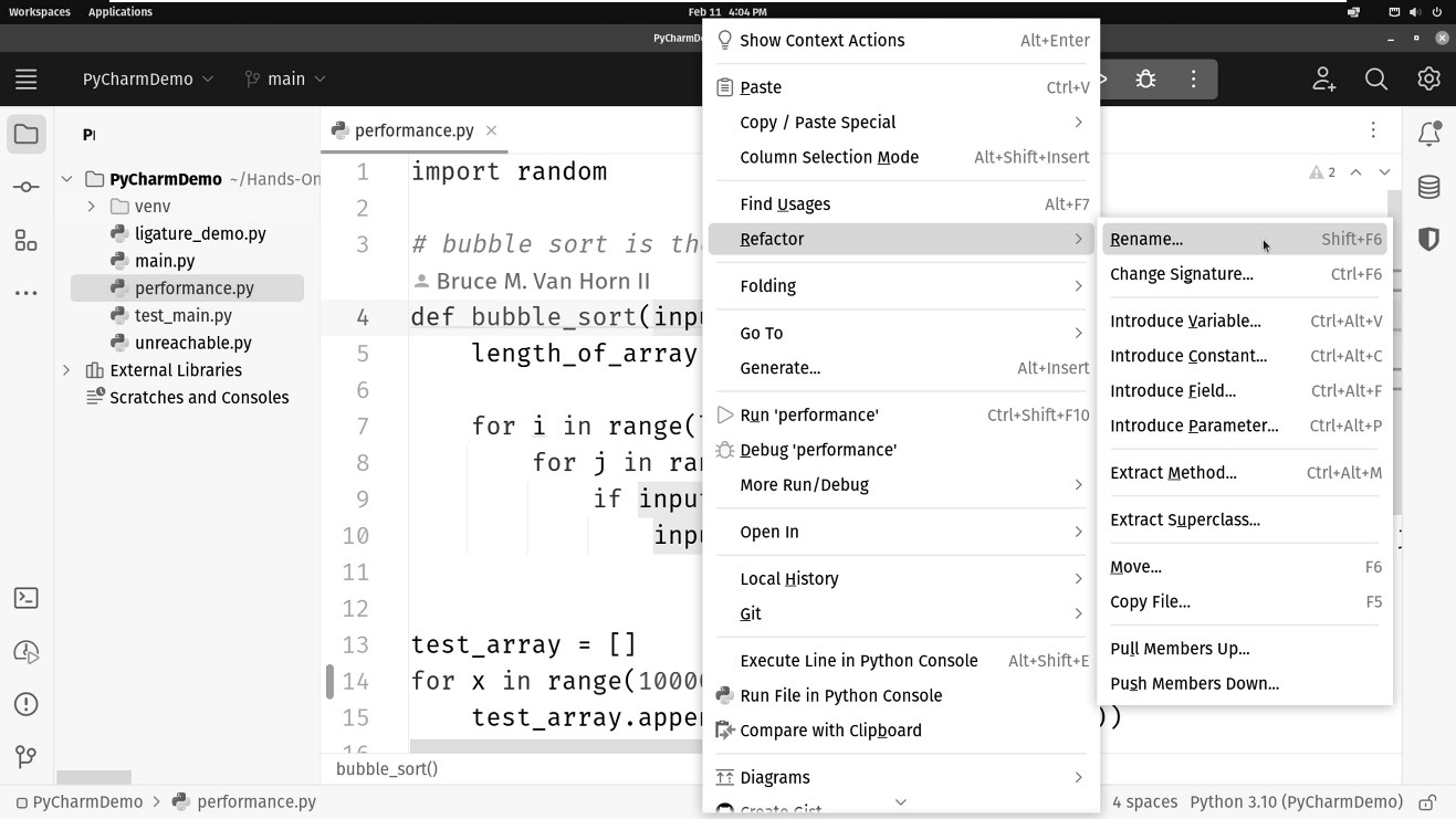 Figure 1.10: PyCharm has a full ﻿selection of refactoring tools available